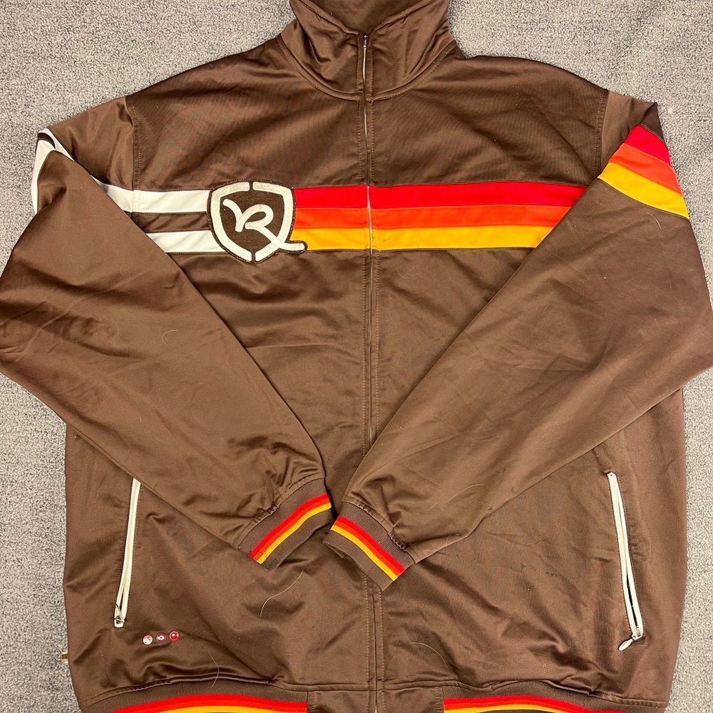 Vintage Rocawear Jacket Satin Brown Mens 3XL Extra Large Stripe. Full zip track